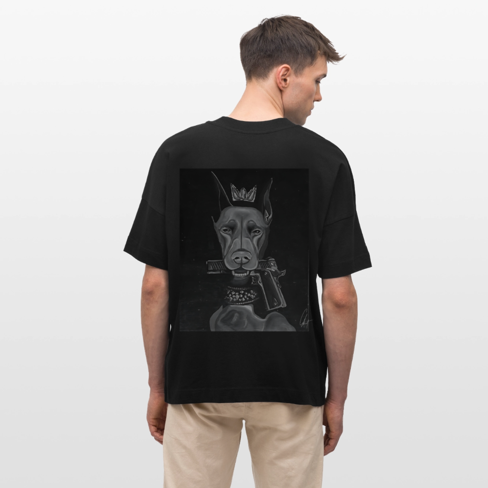Oversized Organic T-shirt with a crowned dog art by Gabikomart - black