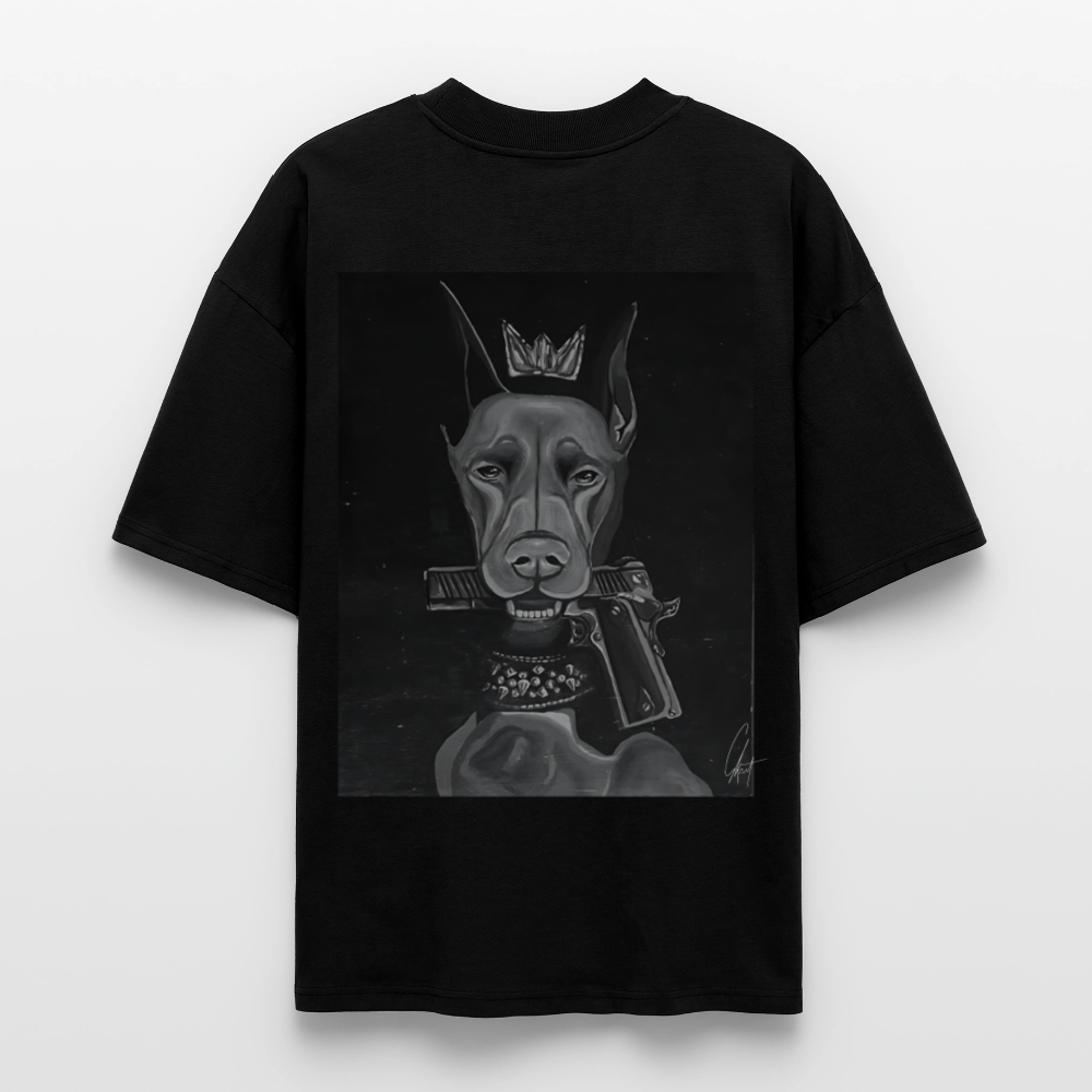 Oversized Organic T-shirt with a crowned dog art by Gabikomart - black