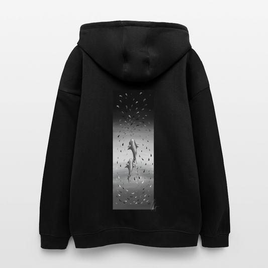 Oversized Unisex Hoodie with Sharks art by Gabikomart - black